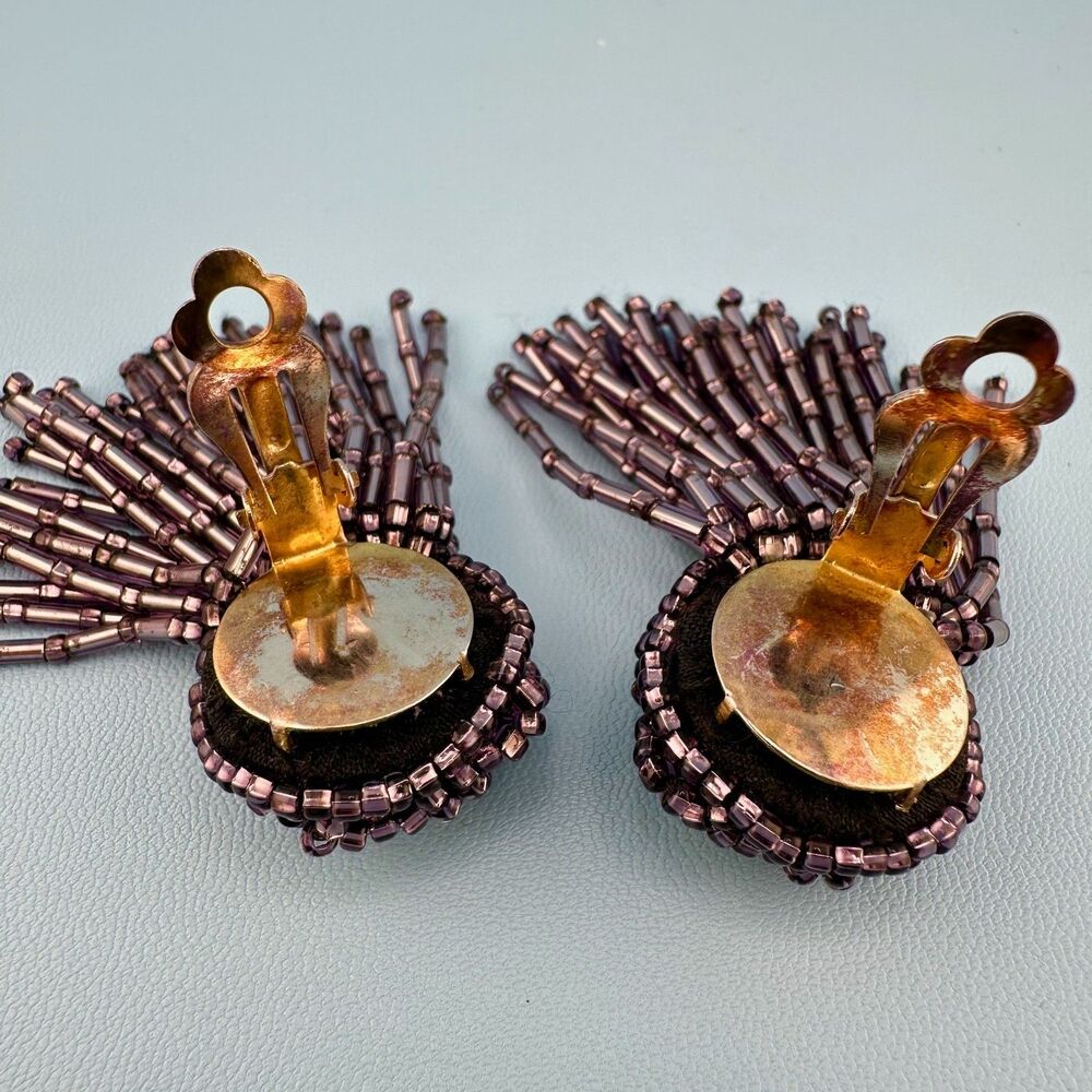 Vintage Purple Seed Bead Tassel Earrings Iridescent Clip On Dangle Hand Sewn - Picture 10 of 11